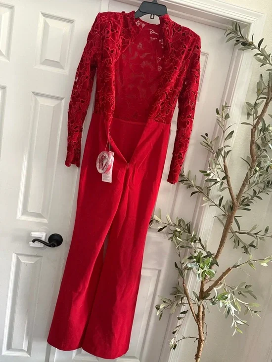 Nadine Merabi Eleanor Red Jumpsuit Long Sleeve Velvet  2 and 14 available - Picture 4 of 6